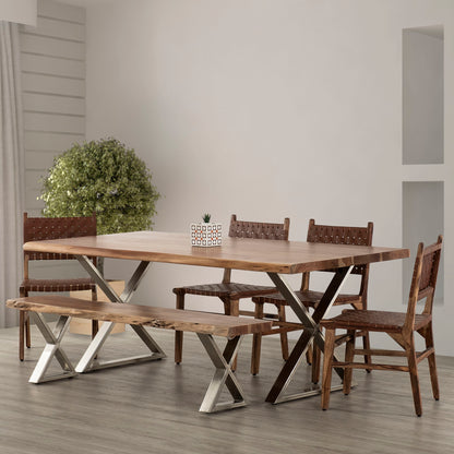 Farmhouse Design Acacia Wood Dining Bench With X Shaped Metal Legs - Brown / Chrome