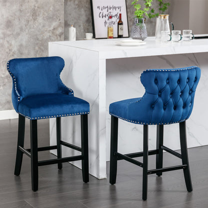 Contemporary Upholstered Wing-Back Barstools With Button Tufted Decoration And Wooden Legs, And Nailhead Trim, Leisure Style Bar Chairs, Bar Stools (Set of 2)