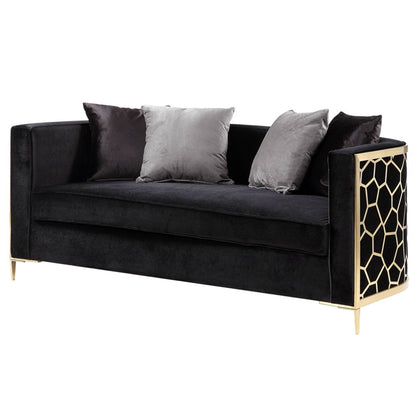 Fergal - Loveseat With 4 Pillows - Black Velvet & Gold