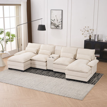 U Shaped Sofa With Console, Cupholders, USB Ports, 6 Seat, Bronzing Suede &