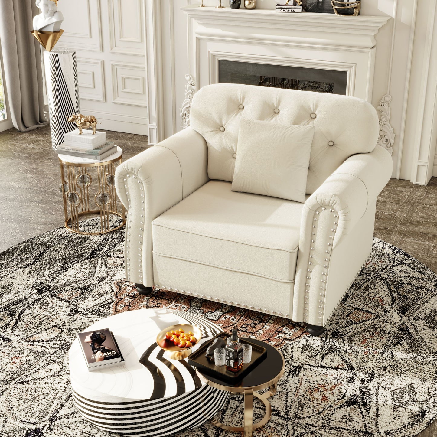 Upholstered Sofa With Nailhead Trim And Rolled Armrests, 1 Pillows - Beige / White