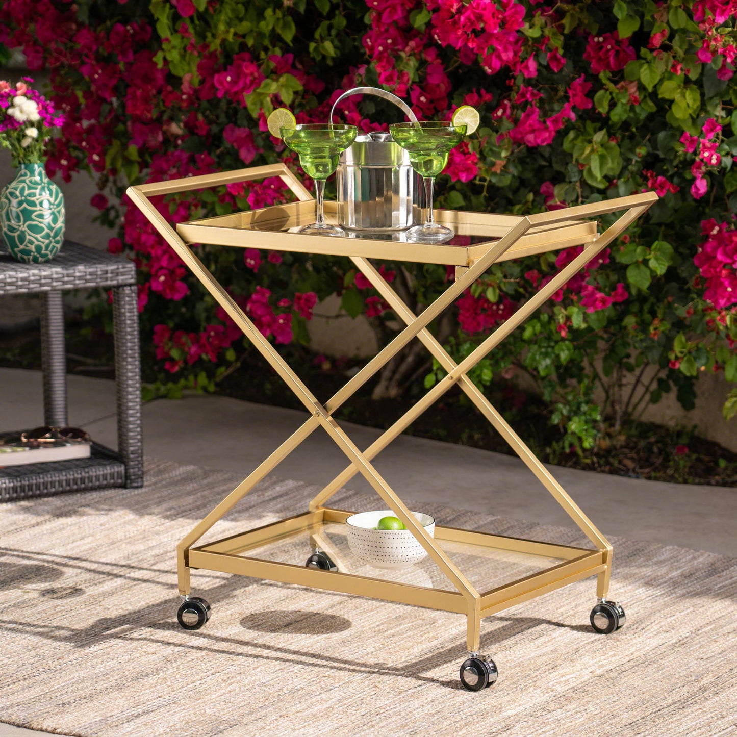 Sherianne - Industrial Bar Cart With Tempered Glass Shelves And Swivel Wheels - Gold