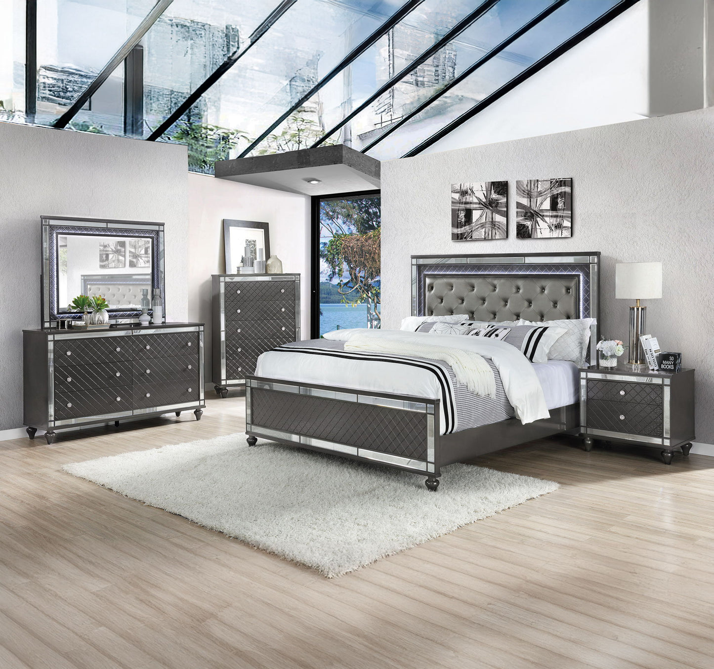 Refino - Queen 5 Piece Bedroom Set - Gunmetal